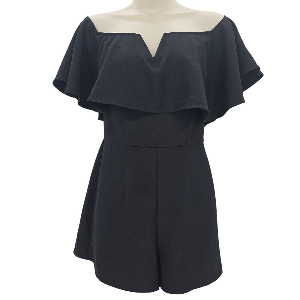 Leith Womans size XS Off Shoulder Notch Neck Detail Black Romper Ruffle at Bust
